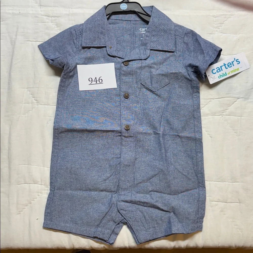 NWT Carter's Child of Mine Baby Boy Blue Chambray Collared Romper‎ One Piece